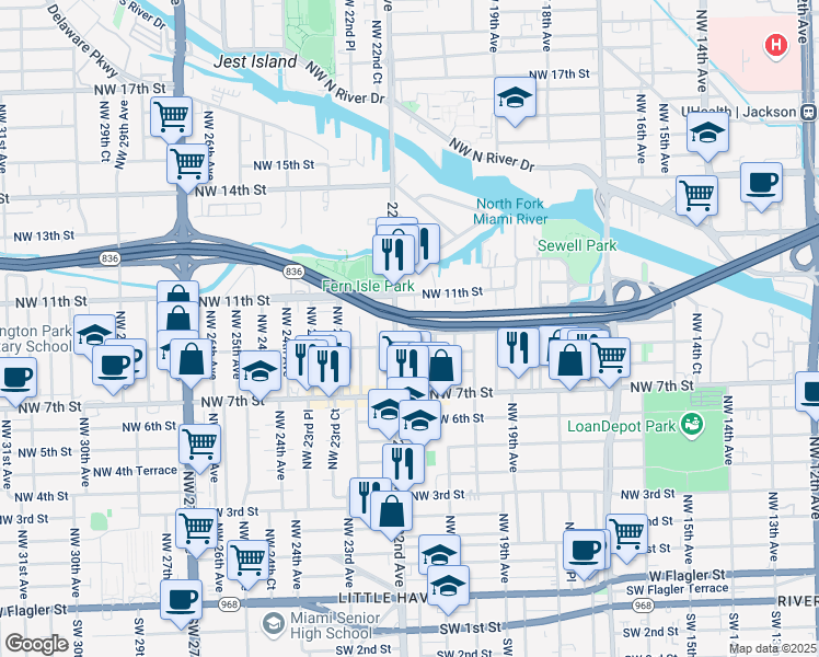 map of restaurants, bars, coffee shops, grocery stores, and more near 2121 Northwest 9th Street in Miami