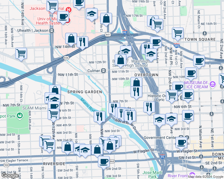 map of restaurants, bars, coffee shops, grocery stores, and more near 805 Northwest 7th Avenue in Miami