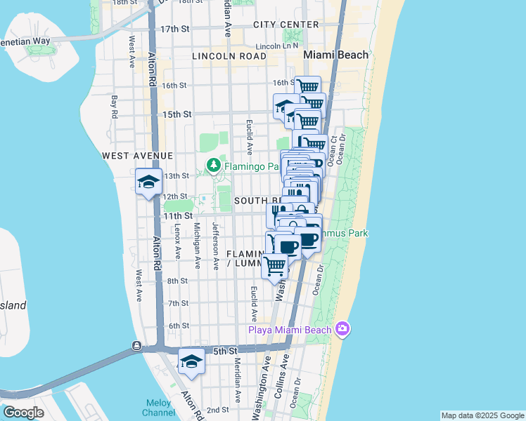 map of restaurants, bars, coffee shops, grocery stores, and more near in Miami Beach