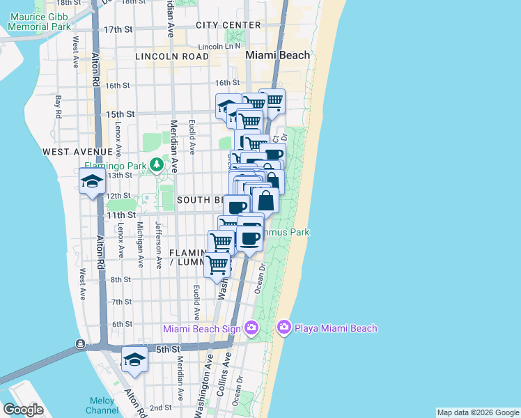 map of restaurants, bars, coffee shops, grocery stores, and more near 1100 Collins Avenue in Miami Beach