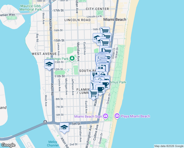 map of restaurants, bars, coffee shops, grocery stores, and more near in Miami Beach