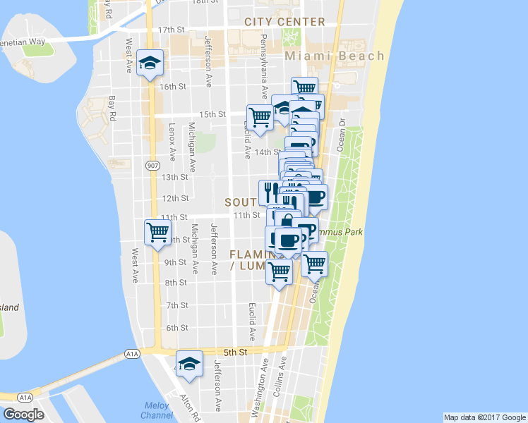 map of restaurants, bars, coffee shops, grocery stores, and more near in Miami Beach