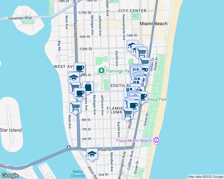 map of restaurants, bars, coffee shops, grocery stores, and more near 739 11th Street in Miami Beach