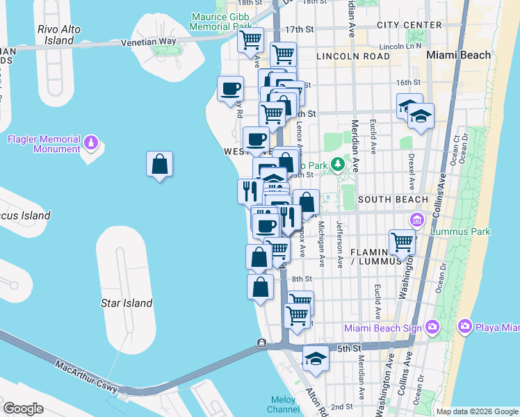 map of restaurants, bars, coffee shops, grocery stores, and more near 1245 11th Street in Miami Beach