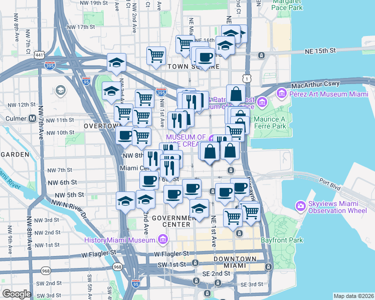 map of restaurants, bars, coffee shops, grocery stores, and more near 800 North Miami Avenue in Miami