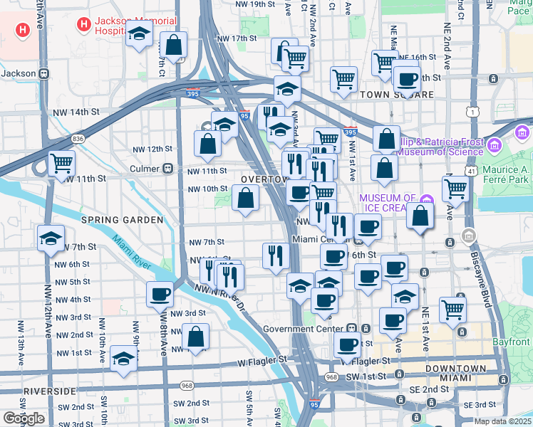 map of restaurants, bars, coffee shops, grocery stores, and more near in Miami