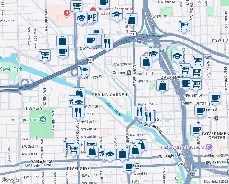 map of restaurants, bars, coffee shops, grocery stores, and more near 828 Northwest 9th Avenue in Miami