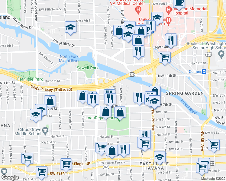map of restaurants, bars, coffee shops, grocery stores, and more near 859 Northwest 15th Avenue in Miami