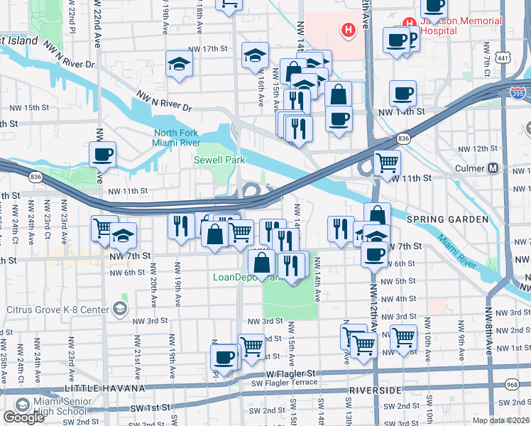 map of restaurants, bars, coffee shops, grocery stores, and more near 1552 Northwest 9th Street in Miami
