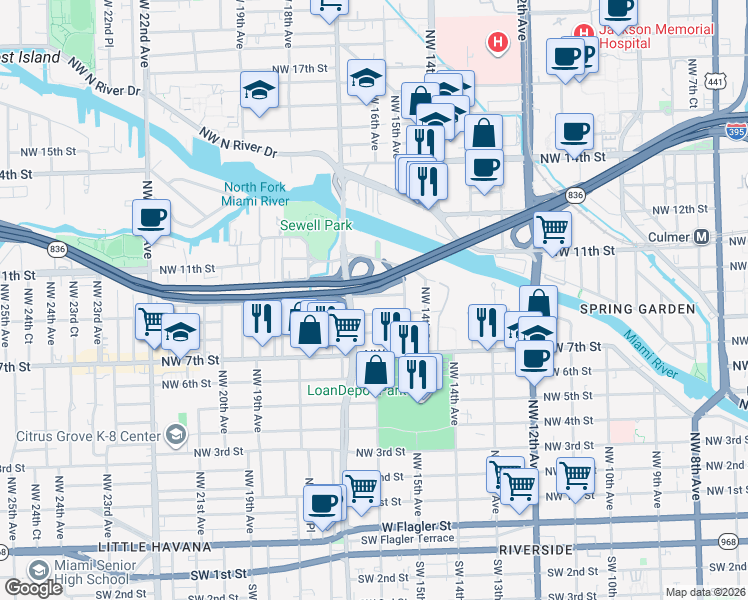 map of restaurants, bars, coffee shops, grocery stores, and more near 1600 Northwest 9th Street in Miami