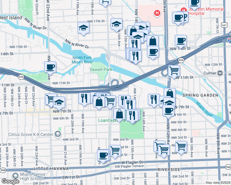 map of restaurants, bars, coffee shops, grocery stores, and more near 1552 Northwest 9th Street in Miami