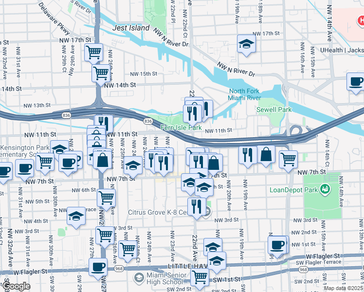 map of restaurants, bars, coffee shops, grocery stores, and more near 927 Northwest 22nd Court in Miami