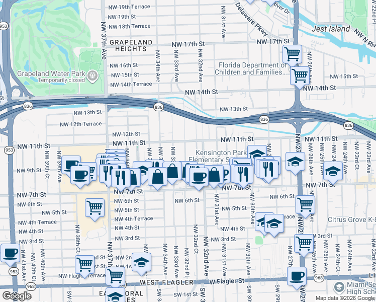 map of restaurants, bars, coffee shops, grocery stores, and more near 1022 Northwest 32nd Court in Miami