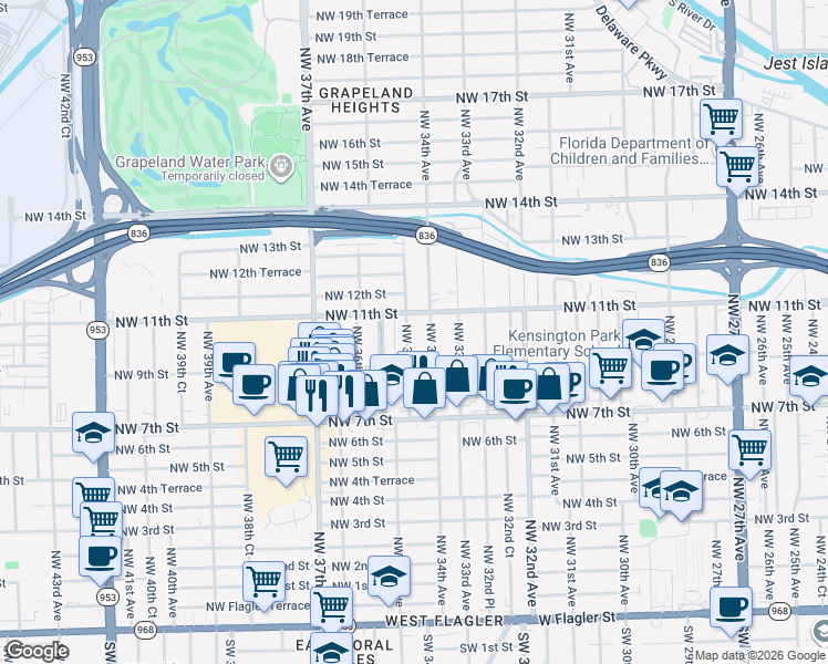 map of restaurants, bars, coffee shops, grocery stores, and more near 934 Northwest 34th Avenue in Miami