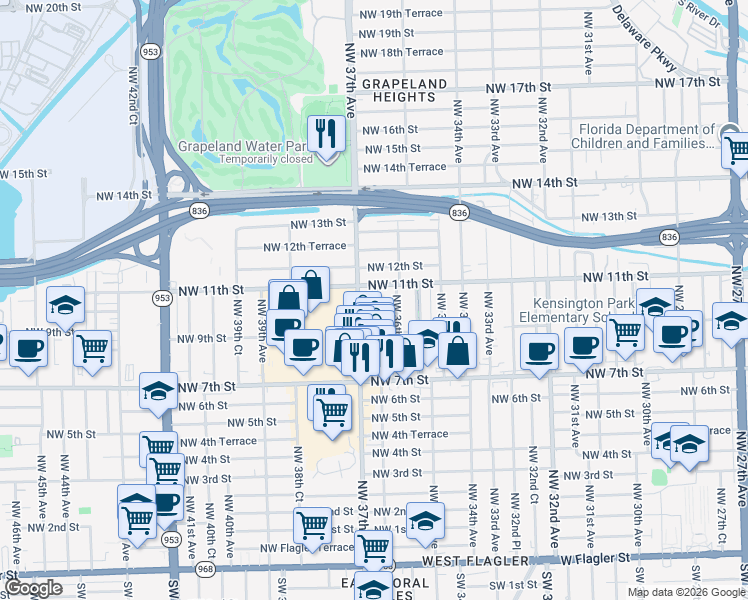 map of restaurants, bars, coffee shops, grocery stores, and more near 1000 Northwest 36th Avenue in Miami