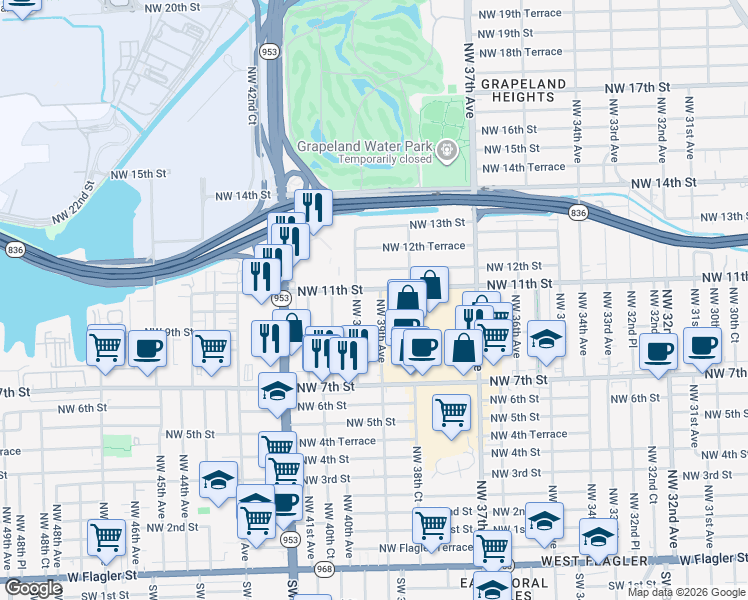 map of restaurants, bars, coffee shops, grocery stores, and more near 1011 Northwest 39th Court in Miami