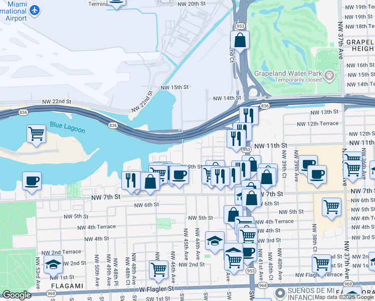 map of restaurants, bars, coffee shops, grocery stores, and more near 1015 Northwest 45th Avenue in Miami
