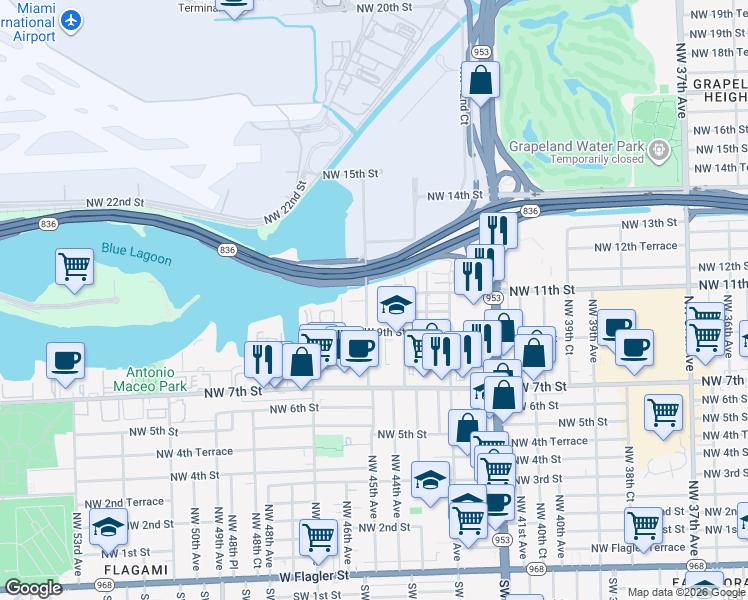 map of restaurants, bars, coffee shops, grocery stores, and more near 1015 Northwest 45th Avenue in Miami