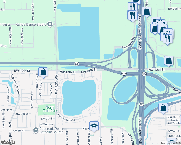 map of restaurants, bars, coffee shops, grocery stores, and more near 1179 Northwest 124 Place in Miami