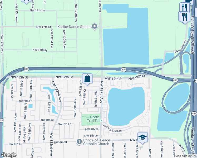map of restaurants, bars, coffee shops, grocery stores, and more near 1162 Northwest 127th Court in Miami