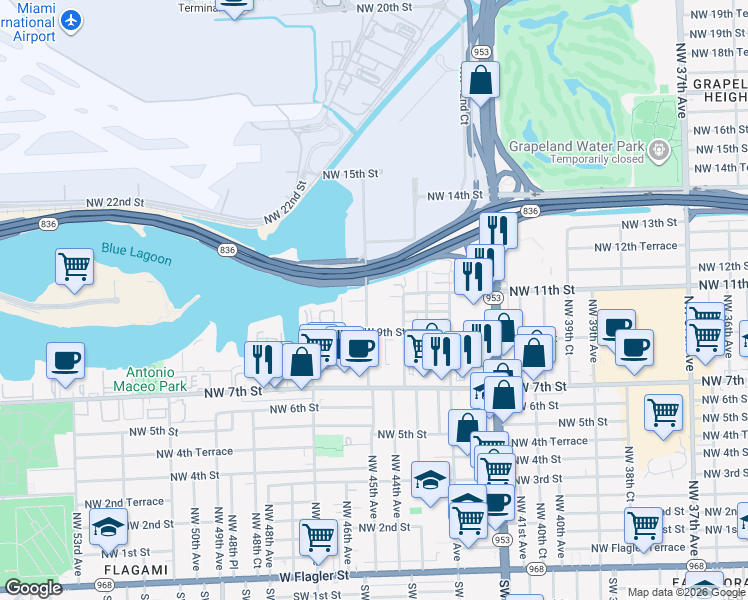 map of restaurants, bars, coffee shops, grocery stores, and more near 1015 Northwest 45th Avenue in Miami
