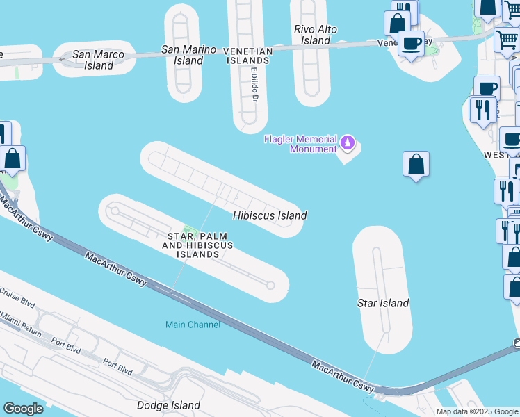 map of restaurants, bars, coffee shops, grocery stores, and more near 127 South Hibiscus Drive in Miami Beach