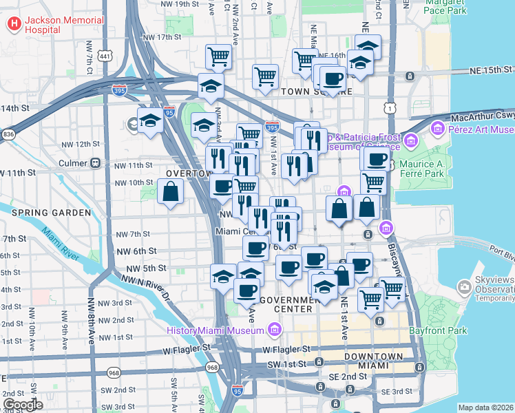 map of restaurants, bars, coffee shops, grocery stores, and more near 823 Northwest 1st Avenue in Miami