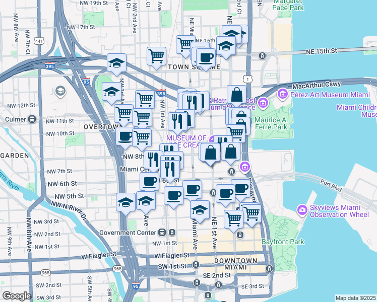 map of restaurants, bars, coffee shops, grocery stores, and more near 800 North Miami Avenue in Miami