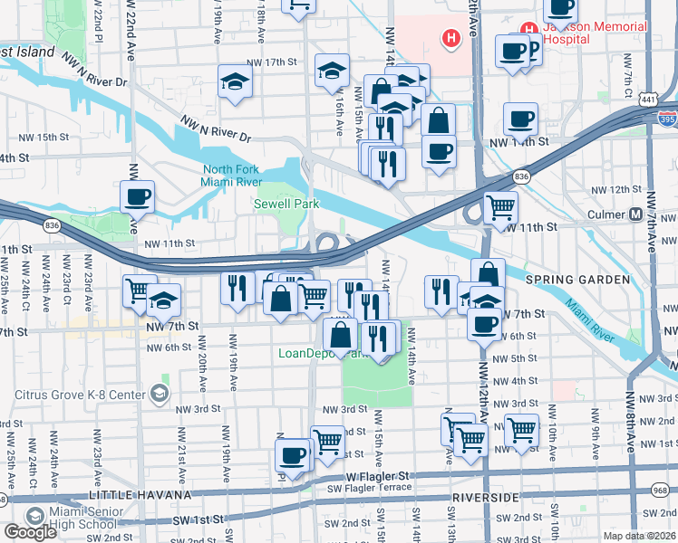 map of restaurants, bars, coffee shops, grocery stores, and more near 1600 Northwest 9th Street in Miami