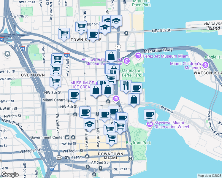 map of restaurants, bars, coffee shops, grocery stores, and more near in Miami