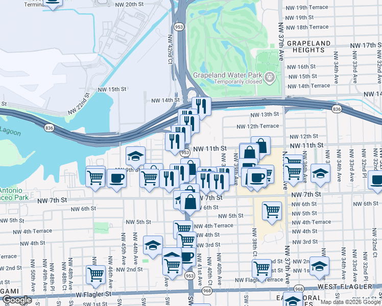 map of restaurants, bars, coffee shops, grocery stores, and more near 1099 Northwest 42nd Avenue in Miami