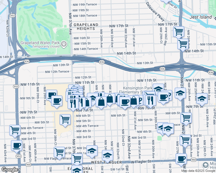 map of restaurants, bars, coffee shops, grocery stores, and more near 1021 Northwest 33rd Avenue in Miami