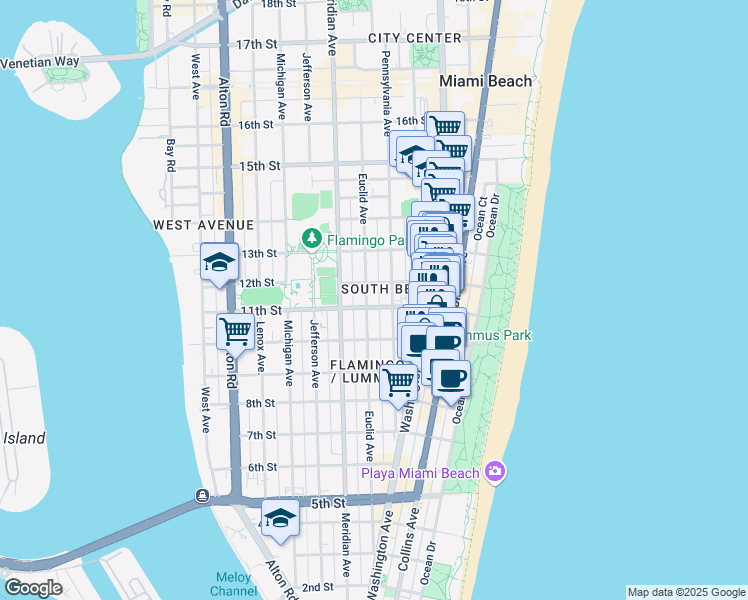 map of restaurants, bars, coffee shops, grocery stores, and more near 621 11th Street in Miami Beach