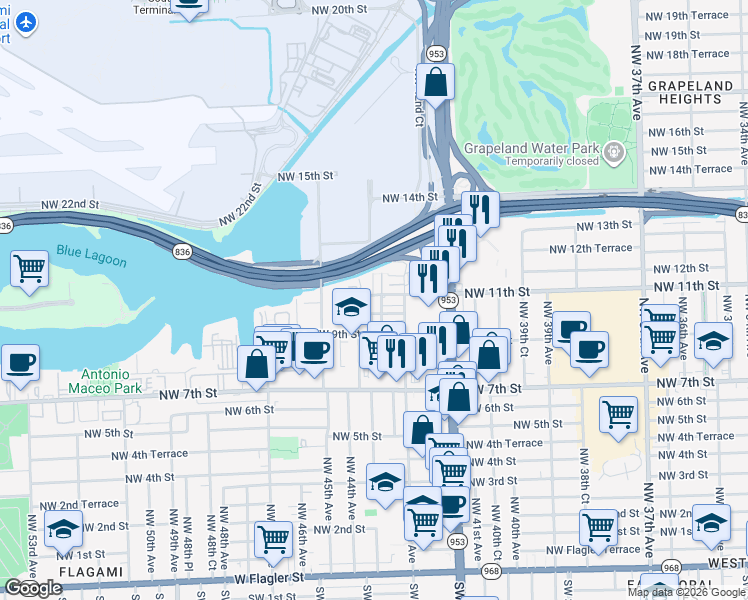 map of restaurants, bars, coffee shops, grocery stores, and more near 4393 Northwest 10th Street in Miami