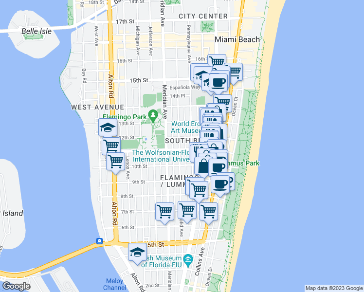 map of restaurants, bars, coffee shops, grocery stores, and more near in Miami Beach