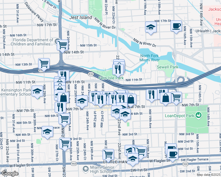 map of restaurants, bars, coffee shops, grocery stores, and more near 927 Northwest 22nd Court in Miami