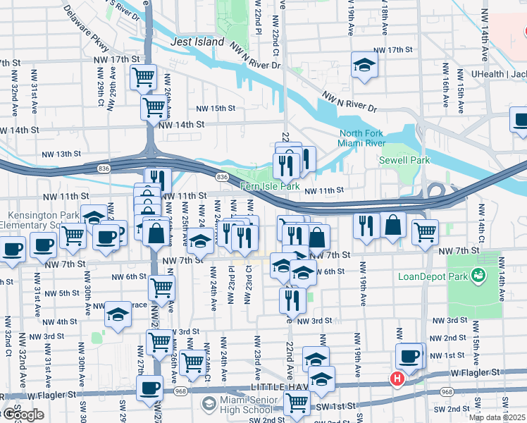 map of restaurants, bars, coffee shops, grocery stores, and more near 927 Northwest 22nd Court in Miami
