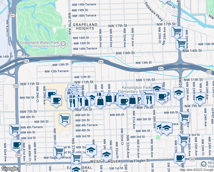 map of restaurants, bars, coffee shops, grocery stores, and more near 1021 Northwest 33rd Avenue in Miami