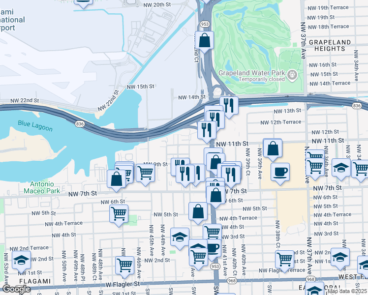 map of restaurants, bars, coffee shops, grocery stores, and more near 4349 Northwest 10th Street in Miami