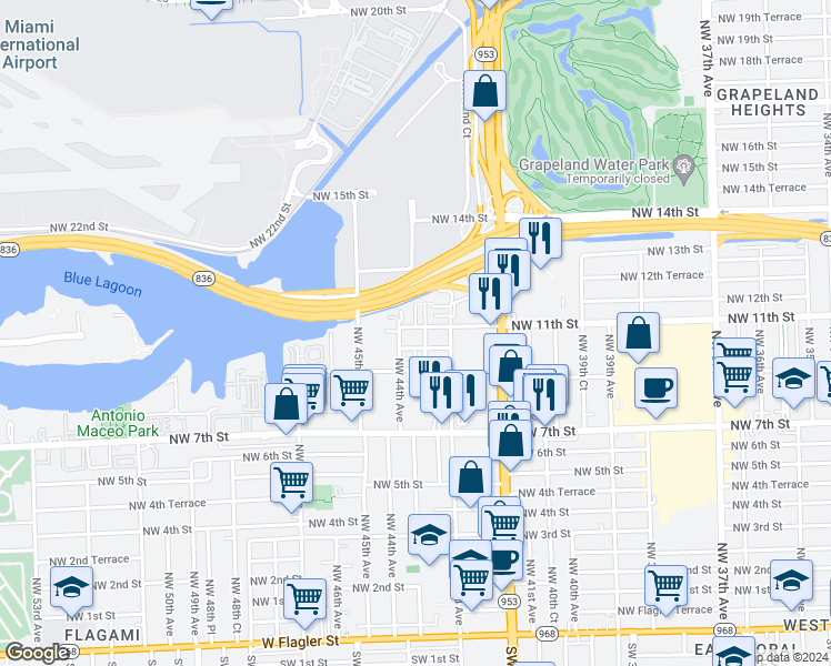map of restaurants, bars, coffee shops, grocery stores, and more near 4393 Northwest 10th Street in Miami