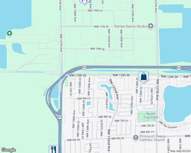 map of restaurants, bars, coffee shops, grocery stores, and more near 1181 Northwest 134th Avenue in Miami