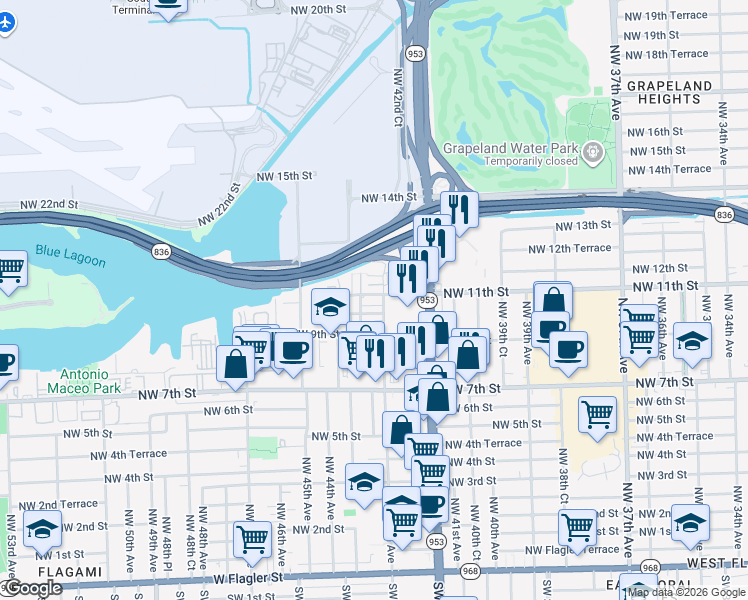 map of restaurants, bars, coffee shops, grocery stores, and more near 4349 Northwest 10th Street in Miami