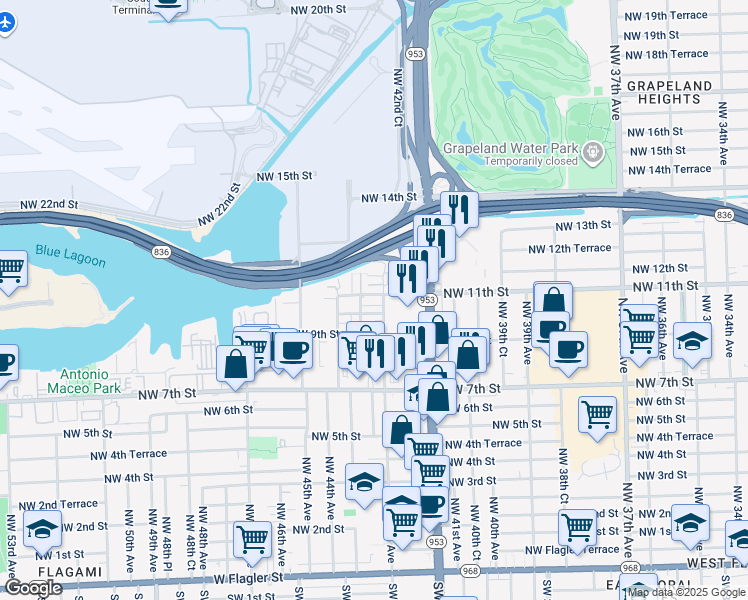 map of restaurants, bars, coffee shops, grocery stores, and more near 4349 Northwest 10th Street in Miami