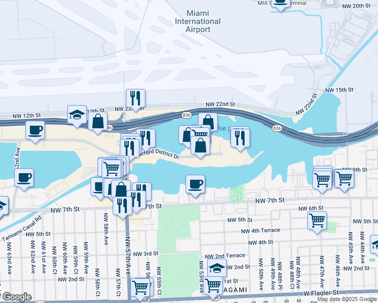 map of restaurants, bars, coffee shops, grocery stores, and more near 5301 Waterford District Drive in Miami