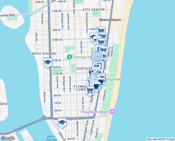 map of restaurants, bars, coffee shops, grocery stores, and more near in Miami Beach