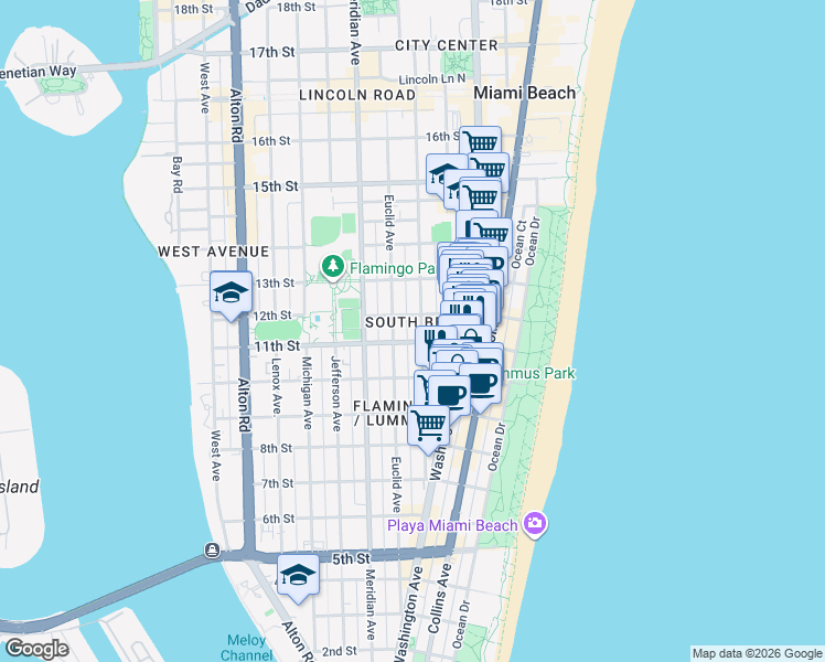 map of restaurants, bars, coffee shops, grocery stores, and more near in Miami Beach