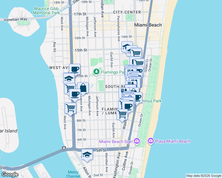 map of restaurants, bars, coffee shops, grocery stores, and more near 739 11th Street in Miami Beach