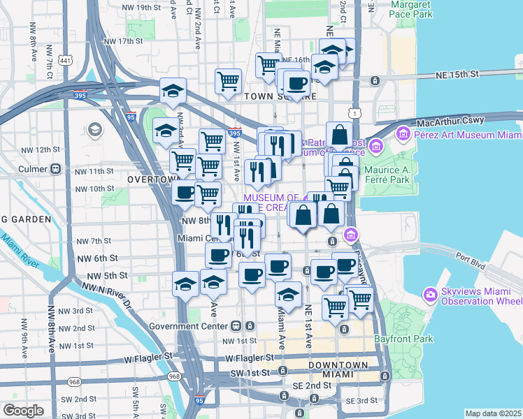map of restaurants, bars, coffee shops, grocery stores, and more near 800 North Miami Avenue in Miami