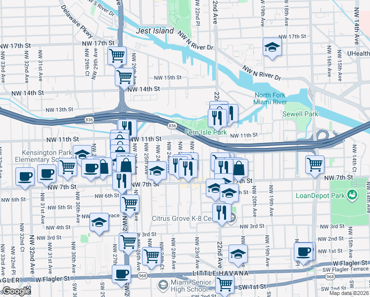 map of restaurants, bars, coffee shops, grocery stores, and more near 926 Northwest 23rd Avenue in Miami