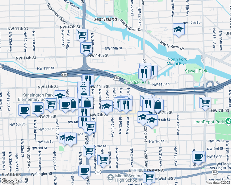 map of restaurants, bars, coffee shops, grocery stores, and more near 937 Northwest 24th Avenue in Miami